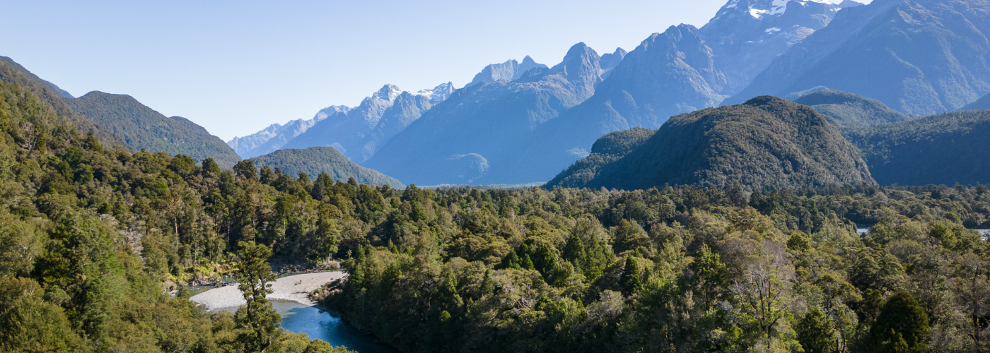 Hollyford valley view with mountains 1400 x 500